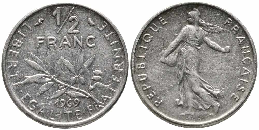 ФРАНЦИЯ 1/2 ФРАНКА 1969 СЕЯТЕЛЬ KM 931.1 никель 85-757