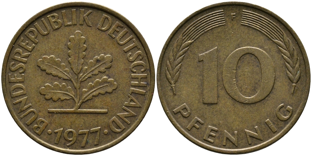 ФРГ 10 ПФЕННИГОВ 1977 F KM 108, J.383 сталь плакированная латунью 33-134