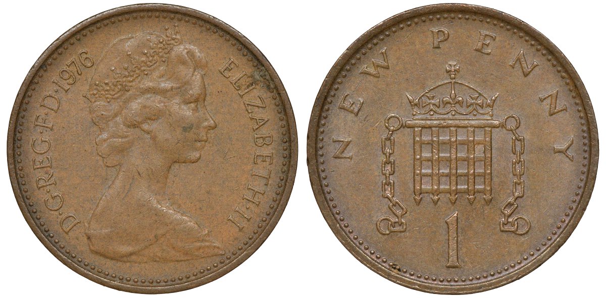Великобритания 1 пенни 1976 Елизавета II (1952-2022) KM 915, Spink 4237 (B1) бронза 72-1163