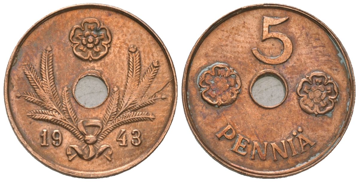 Финляндия 5 пенни 1943 KM 64 медь 4174-757