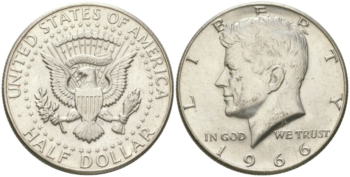 США 1/2 доллара (50 центов) 1966 Джон Кеннеди KM 202a серебро UNC 221-1014