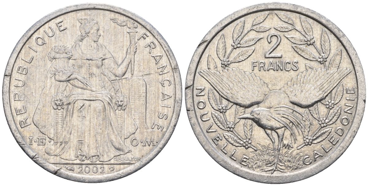 Французская Новая Каледония 2 франка 2002 птица кагу, (IEOM) KM 14, Schoen 11, Lec 68g алюминий    28-832