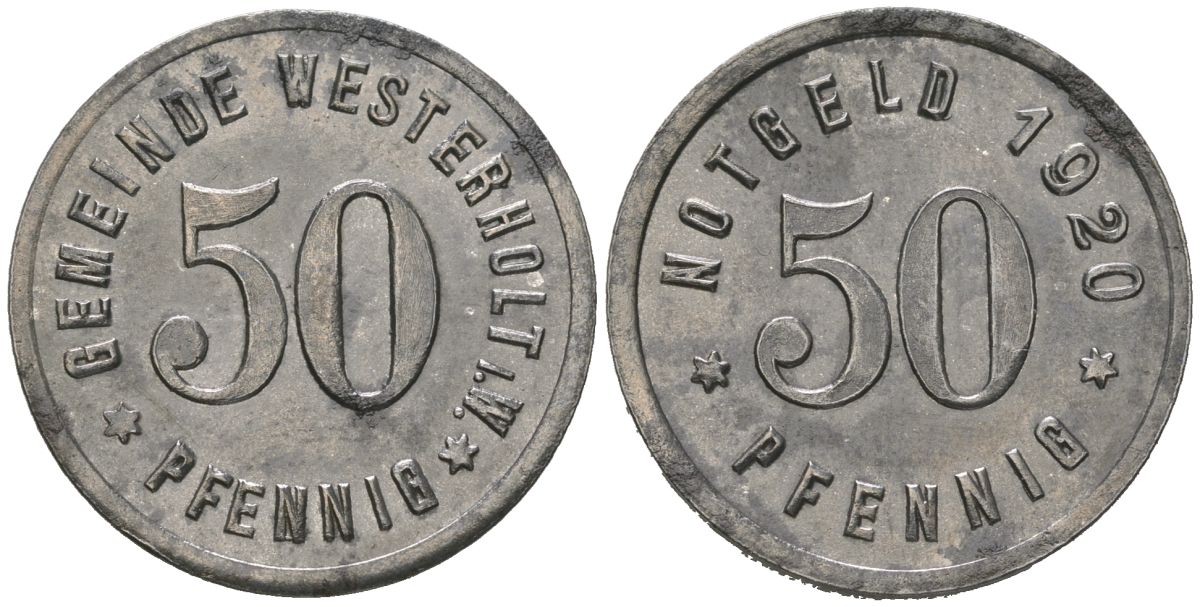 Вестерхольт (Пруссия, Вестфалия) 50 пфеннигов 1920 Funck 598.3, Men05 26656.3, Men18 33501.3 железо aUNC 1524-833