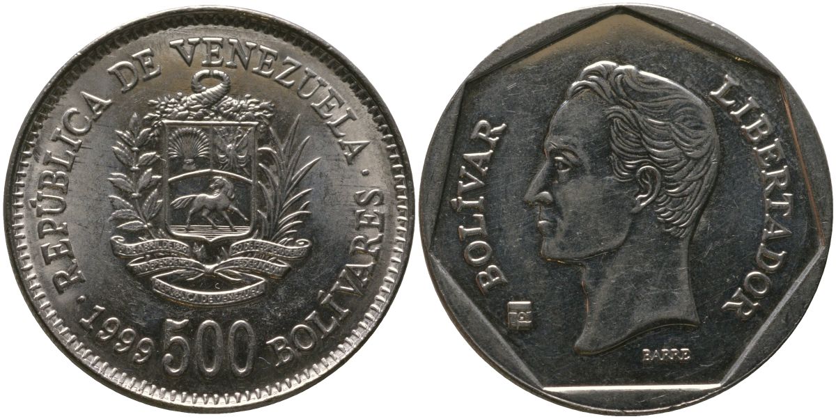 Венесуэла 500 боливар 1999 KM 79.1, Schon 89 сталь плакированная никелем 00-00