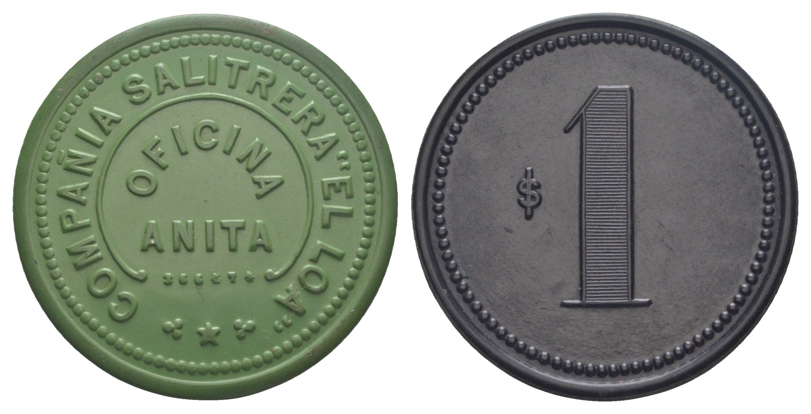 Чили, Анита (Anita), Антофагаста шахтерский жетон с Селитряного рудника для покупки в местных магазинах, номиналом в 1 песо 1880-1920 диаметр 45,5 мм, вес 6,69 гр Espinosa 20.2 эбонит (зеленый) 1094-11-21