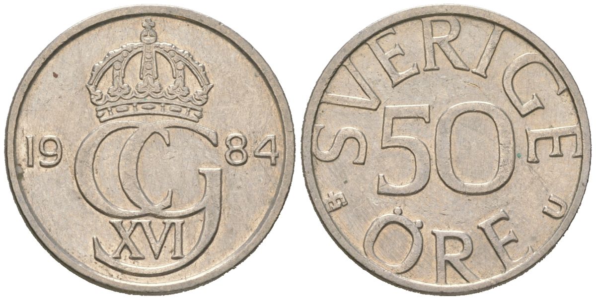 Швеция 50 эре 1984 U, Густав VI Адольф (1950-1973) KM 855 медно-никель 4618-119