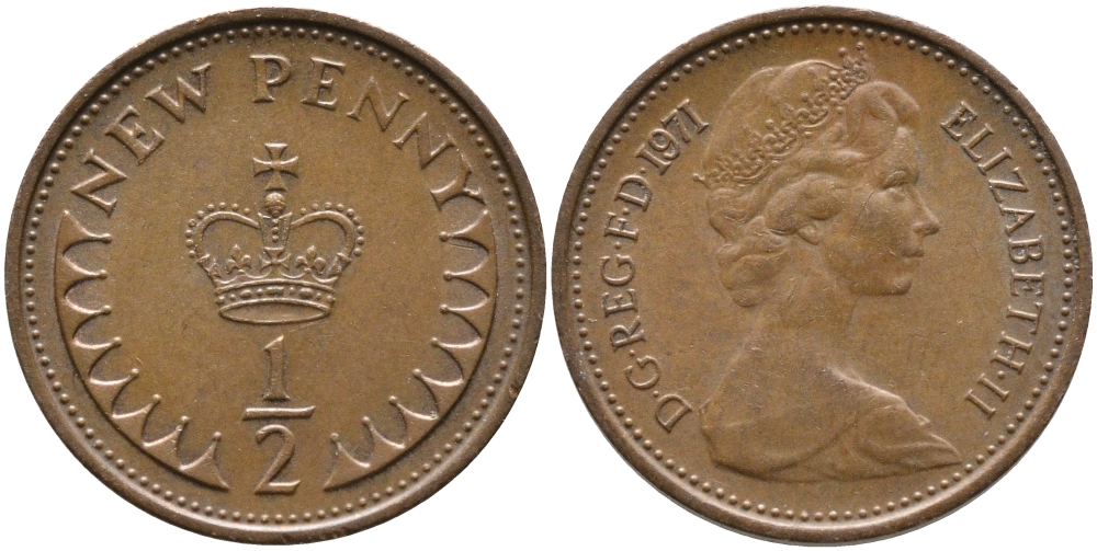 Великобритания 1/2 пенни 1971 Елизавета II (1952-2022) KM 914, Spink 4239 бронза 99-1057
