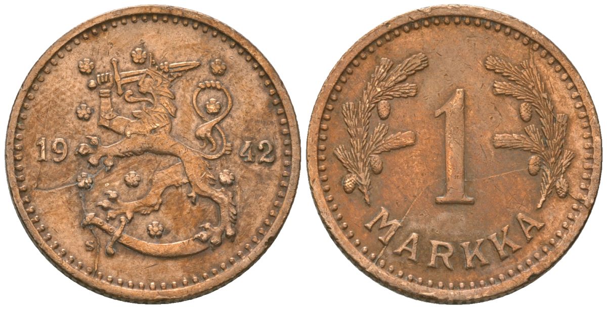 Финляндия 1 марка 1942 S KM 30a медь 4173-823