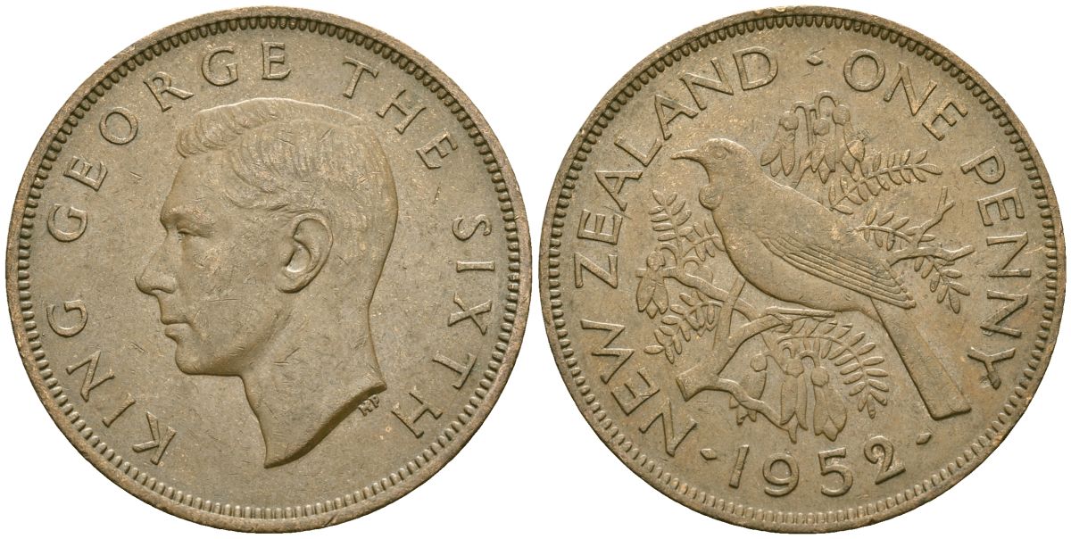 Новая Зеландия 1 пенни 1952 Георг VI (1936-1952), новозеландский туи KM 21 бронза 4120-114