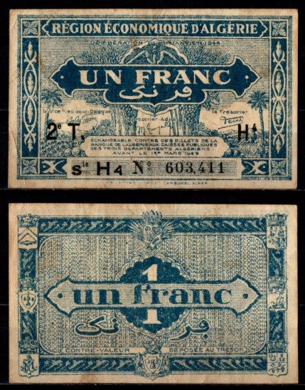 Алжир 1 франк 1944 2-й выпуск Pick 101 бумага 7217-17-1-2