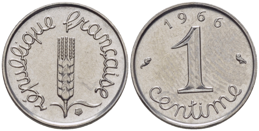 ФРАНЦИЯ 1 САНТИМ 1966 KM 928 хромированная сталь 66-437