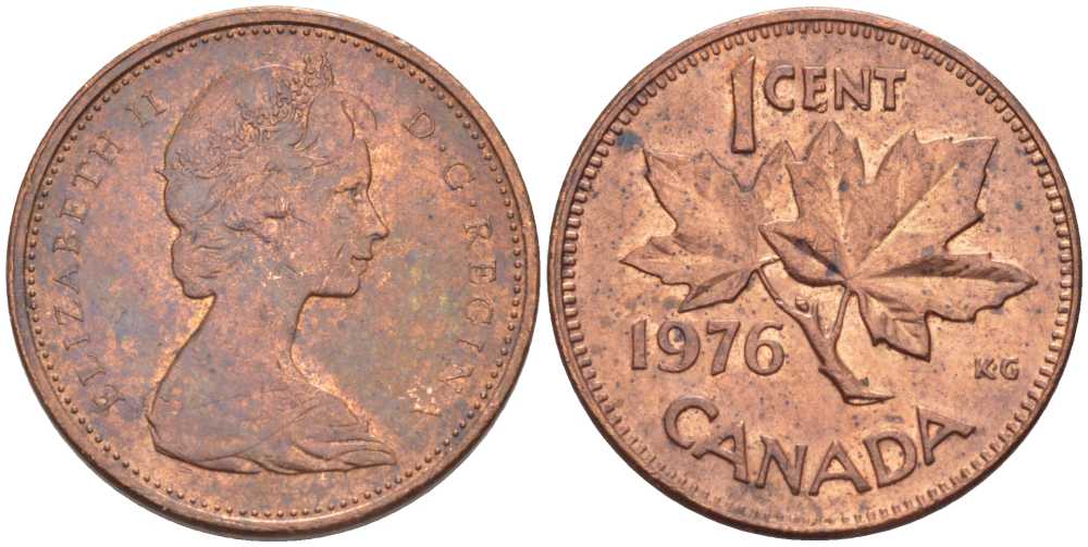 Канада 1 цент 1976 Елизавета II (1952-2022), кленовый лист KM 59.1 бронза 54-644