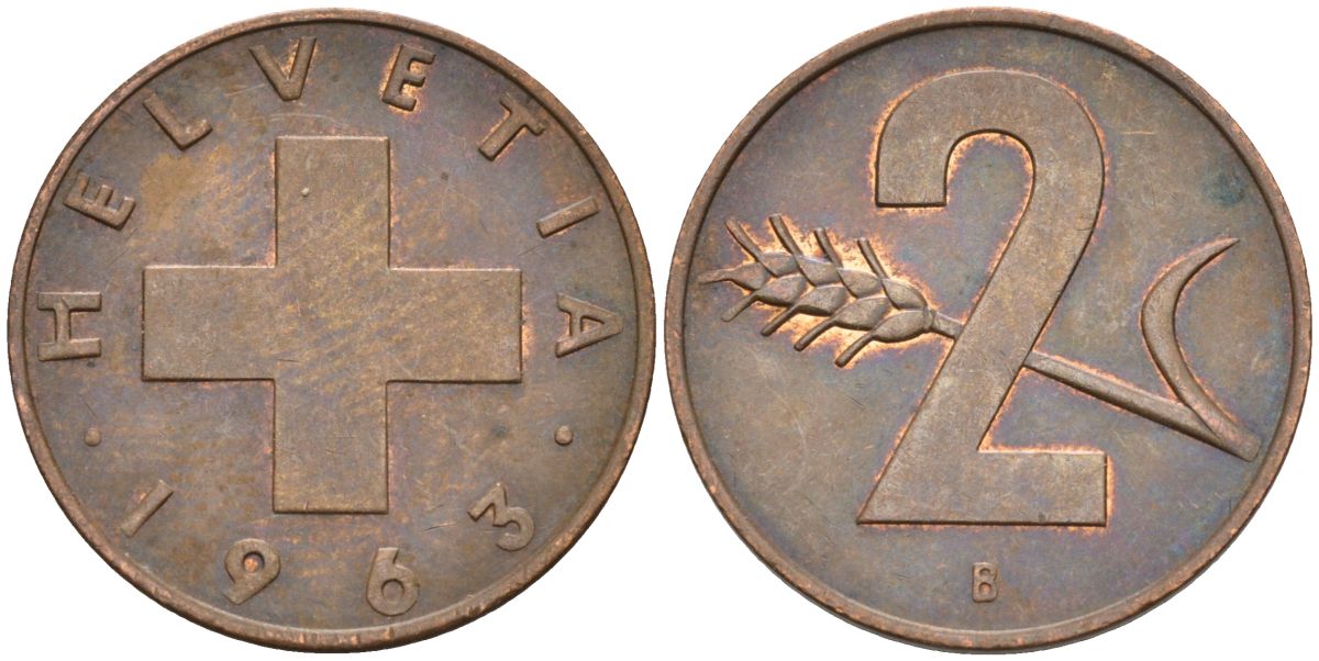 Швейцария 2 раппена 1963 В KM 47 бронза 4591-1254