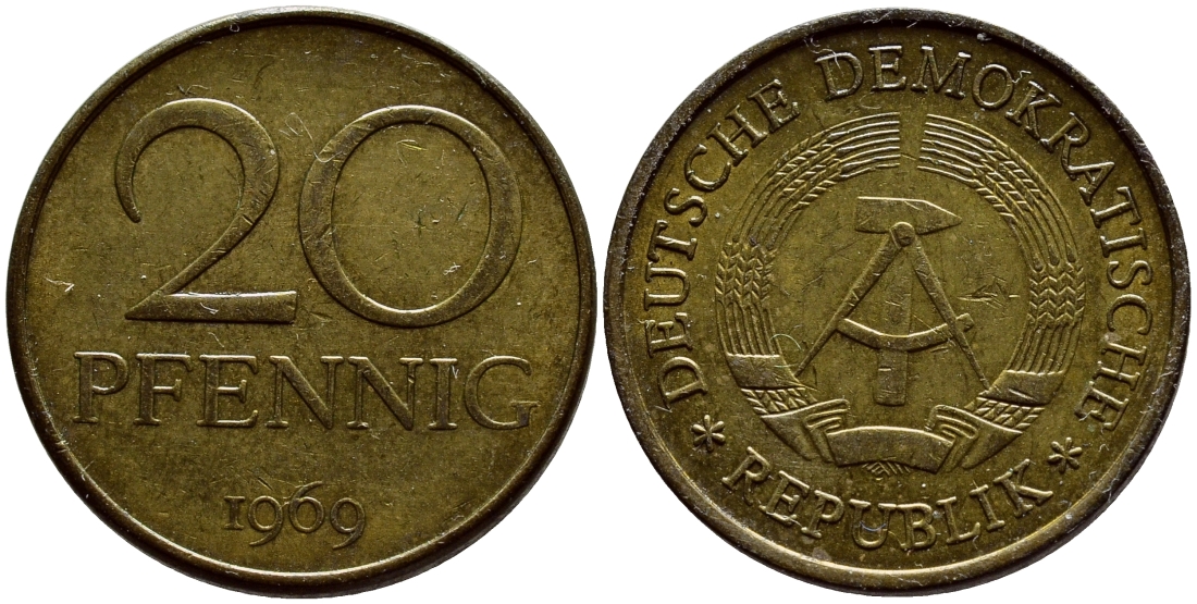ГДР 20 пфеннигов 1969 А, первый год KM 11 латунь UNC 4398-1057