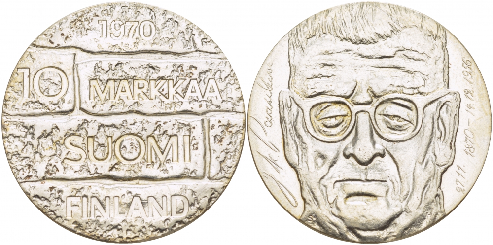 Финляндия 10 марок 1970 S-H, день рождения президента Юхо Паасикиви KM 51 серебро UNC 1515-1413