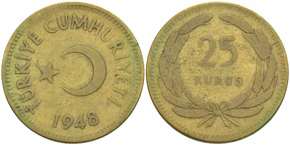 ТУРЦИЯ 25 КУРУШЕЙ 1948 KM 886 латунь 4395-736