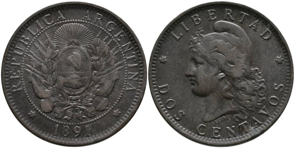 Аргентина 2 сентаво 1891 голова свободы влево KM 8 бронза 4531-1022
