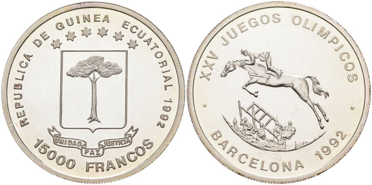 Экваториальная Гвинея 15000 франков 1992 олимпийские игры в Барселоне 1992 года, прыжки на лошади с барьерами KM 74а серебро PROOF 11-326-32