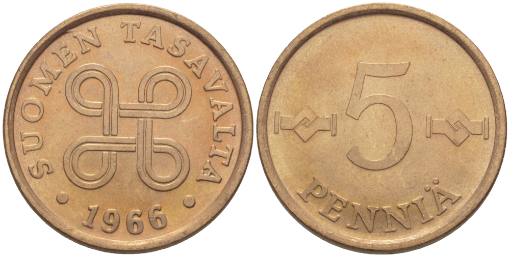 ФИНЛЯНДИЯ 5 ПЕННИ 1966 KM 45 медь 100-158