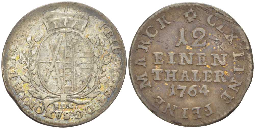 САКСОНИЯ 1/12 ТАЛЕРА 1764 EDC, ФРИДРИХ АВГУСТ III (1763-1806) KM 956 (C100) серебро 210-223