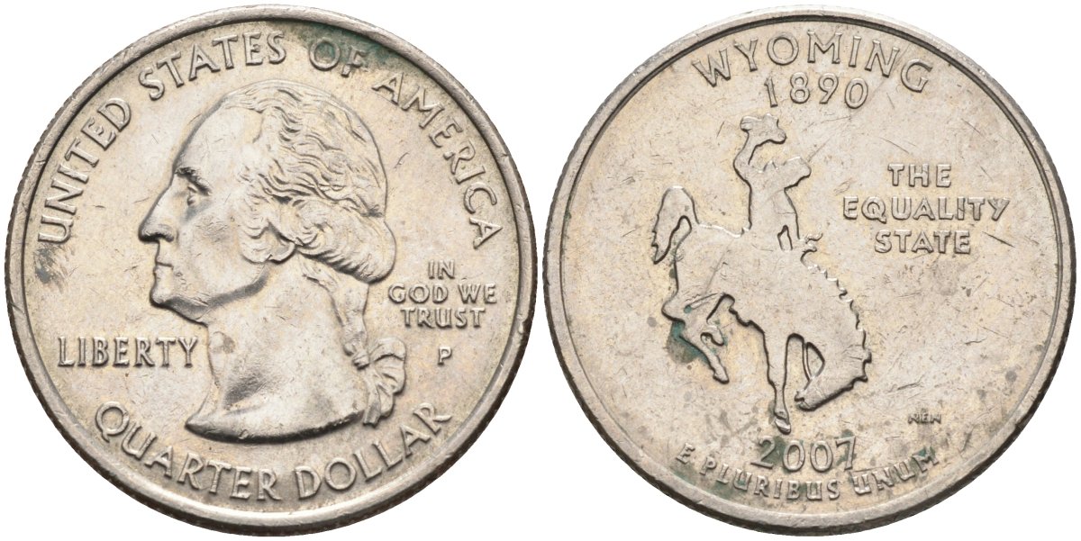 США 25 центов (квотер) 2007 P, серия штаты США, Вайоминг KM 399 медь плакированная медно-никелем 4586-212