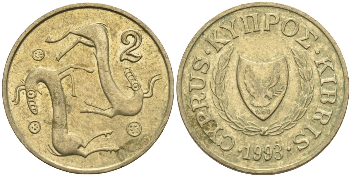 Кипр 2 цента 1993 KM 54.3 никель латунь 4174-1258