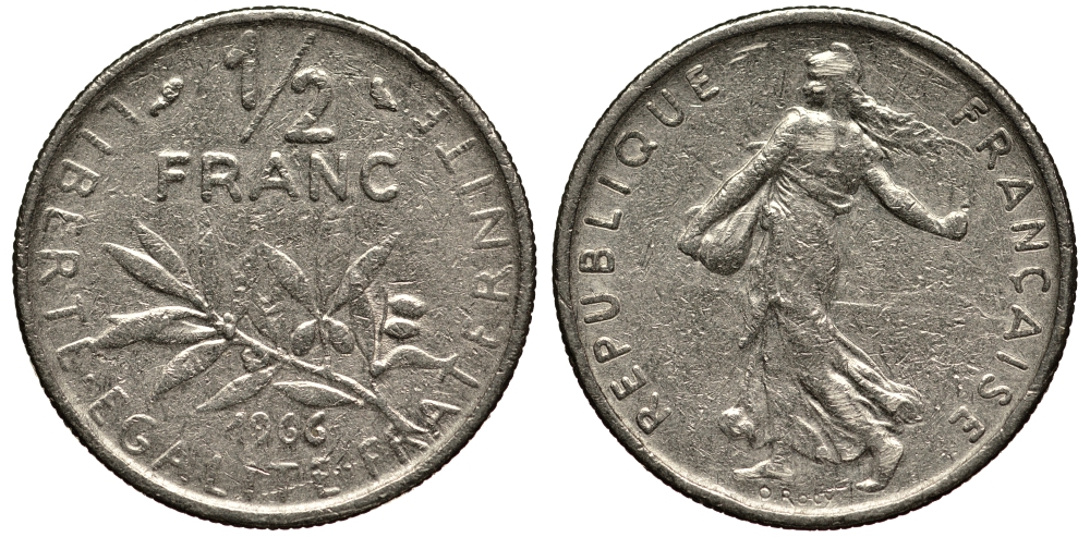 ФРАНЦИЯ 1/2 ФРАНКА 1969 СЕЯТЕЛЬ KM 931.1, LE FRANC 198.5 никель 4390-733