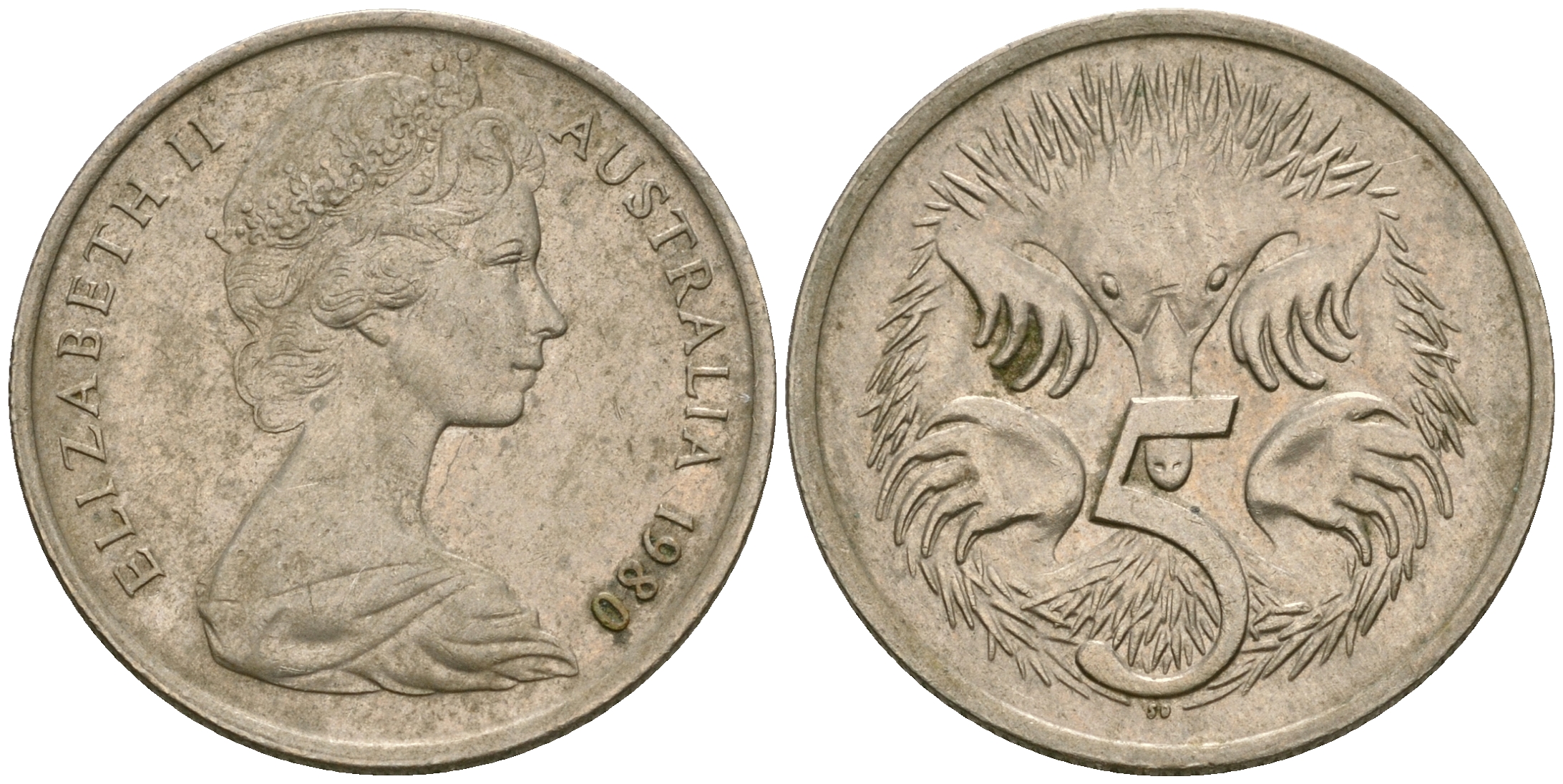 Австралия 5 центов 1980 Елизавета II (1952- ), ехидна KM 64 медно-никель 4608-825