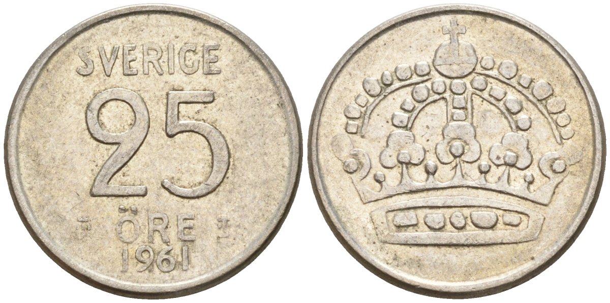 Швеция 25 эре 1961 TS, Густав VI Адольф (1950-1973) KM 824 серебро 4147-1117