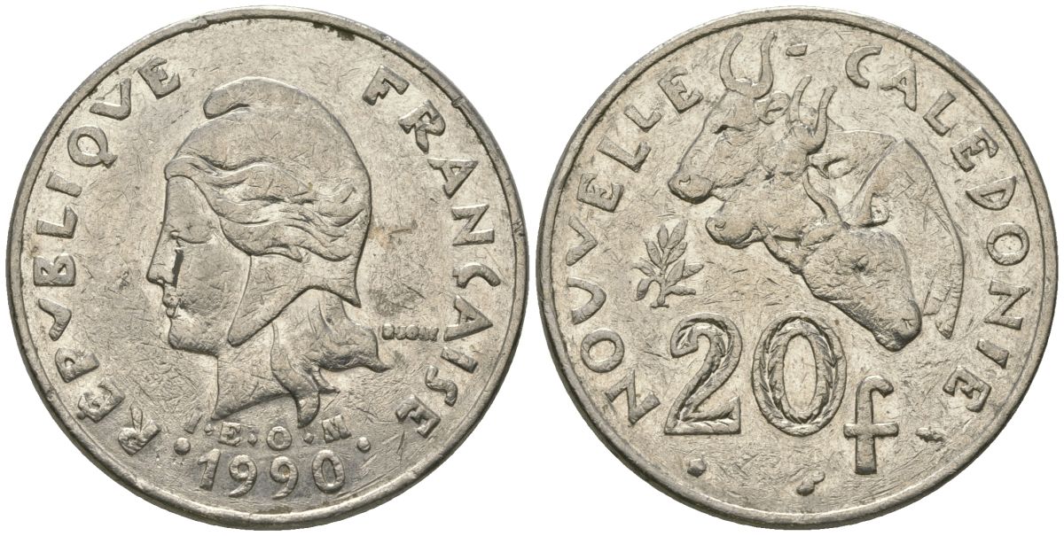 Французская Новая Каледония 20 франков 1990 три быка, (IEOM) KM 12, Schoen 14, Lec 113 никель 80-141