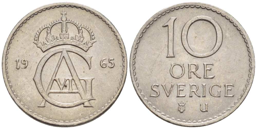 Швеция 10 эре 1965 U, Густав VI Адольф (1950-1973) KM 835 медно-никель 4516-437