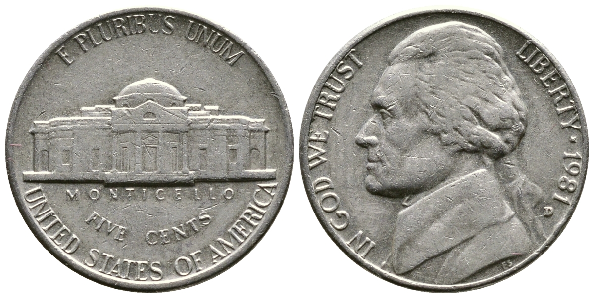 США 5 ЦЕНТОВ 1981 D, ДЖЕФФЕРСОН KM А192 медно-никель 76-1033