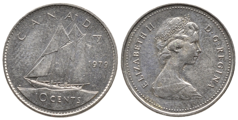 Канада 10 центов 1979 Елизавета II (1952-2022), парусник KM 77.2 никель 73-1733