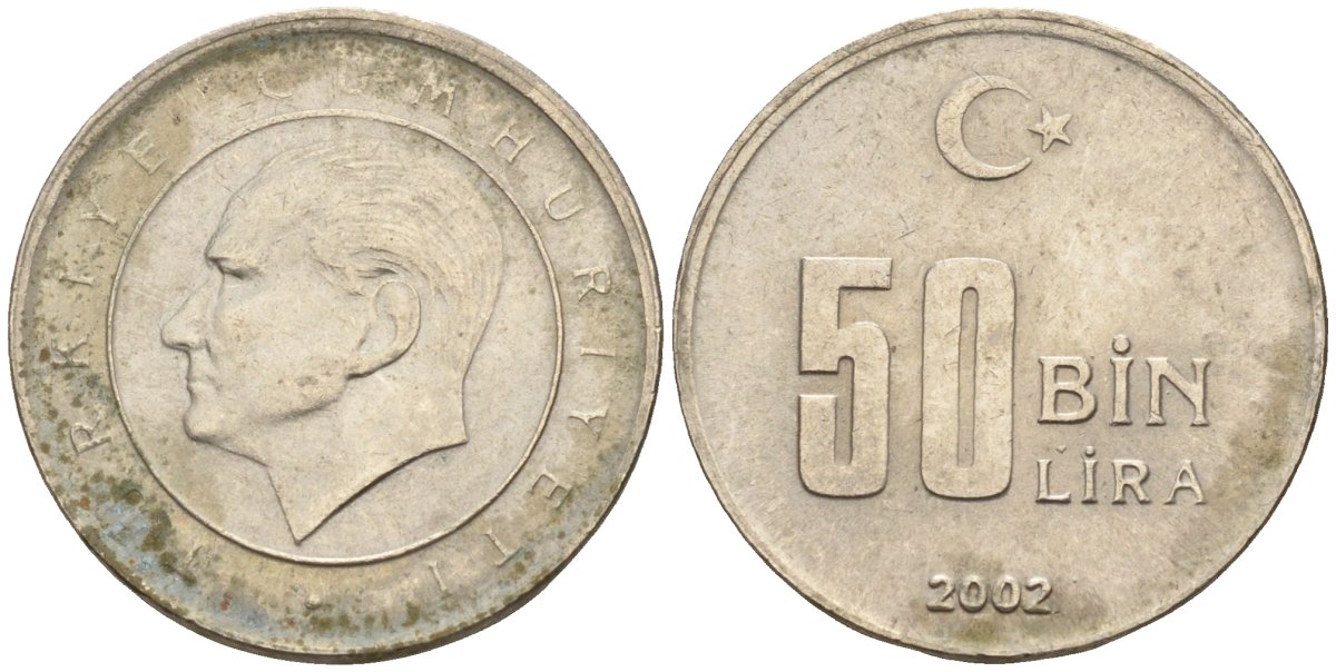 Турция 50000 лир 2002 Мустафа Кемаль Ататюрк KM 1056 медь никель цинк 4596-826