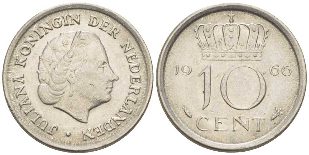 НИДЕРЛАНДЫ 10 ЦЕНТОВ 1966 ЮЛИАНА (1948-1980) KM 182 никель 214-1219