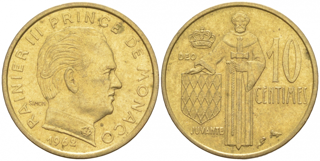 Монако 10 сантимов 1962 Ренье III (1949-2005) KM 142 алюминиевая бронза 73-124