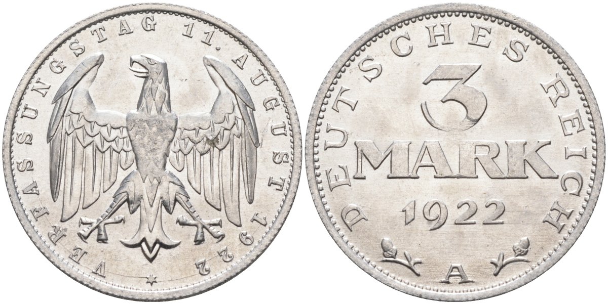 Германия 3 марки 1922 A, третья годовщина Веймарской Конституции KM 29, J.303 алюминий UNC 4587-232