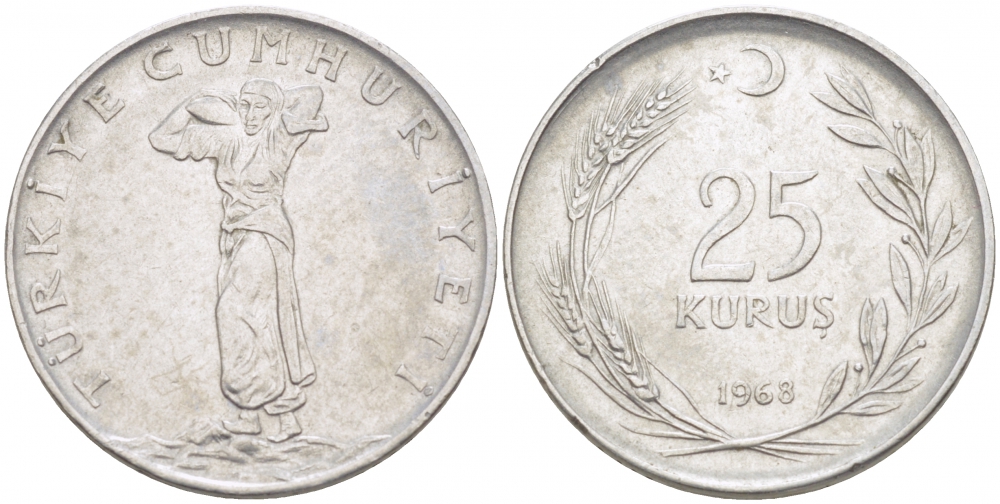 ТУРЦИЯ 25 КУРУШ 1968 KM 892.3 сталь 4529-1152