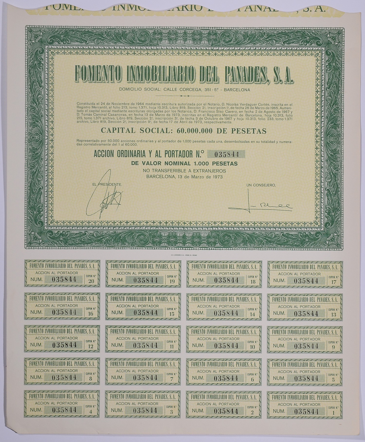 Испания акция на 1000 песет 1973 Fomento Inmobiliario del Panades, S.A., Барселона 1973, с купонами бумага 5544-14