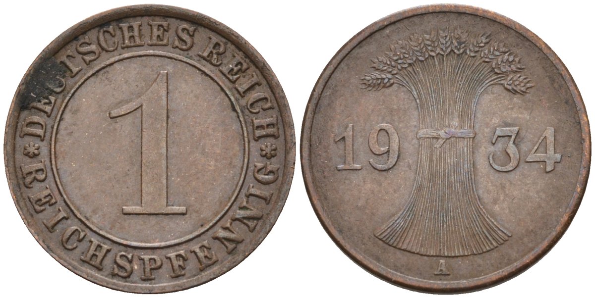 Германия 1 рейхспфенниг 1934 A, Веймарская республика KM 37 бронза 4387-1063