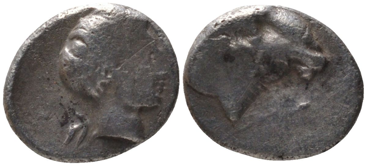 Древняя Греция, Кария, Галикарнас гемиобол 400 - 340 гг. до н.э. голова Аполлона / голова барана, 0,42 гр SNG Helsinki 873; SNG Kayhan 996 серебро 1073-9-55