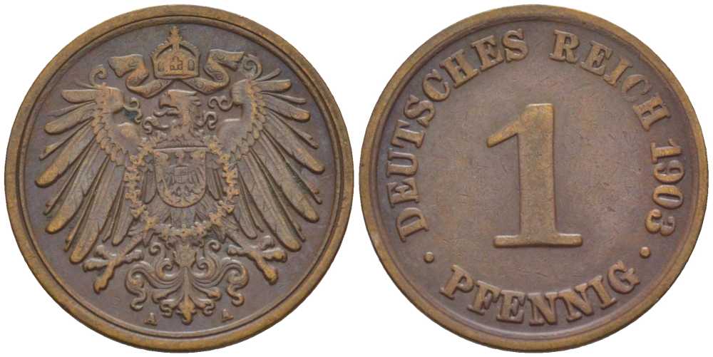 ГЕРМАНИЯ 1 ПФЕННИГ 1903 A KM 10, J. 10, Weege 2 медь 211-153
