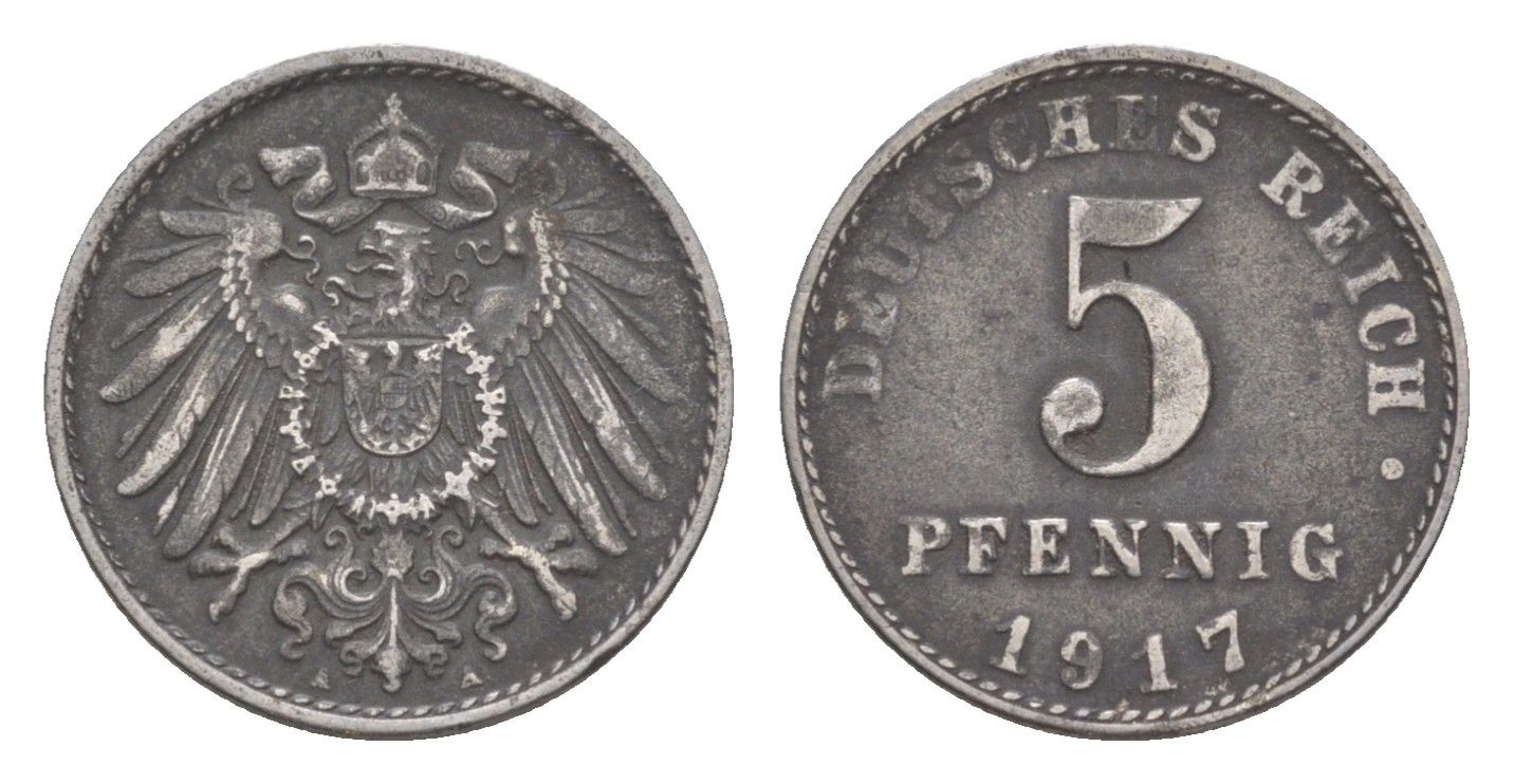 Германия 5 пфеннигов 1917 A, Вильгельм II (1888-1918) KM 19, J. 297 железо плакированное цинком 4644-1115