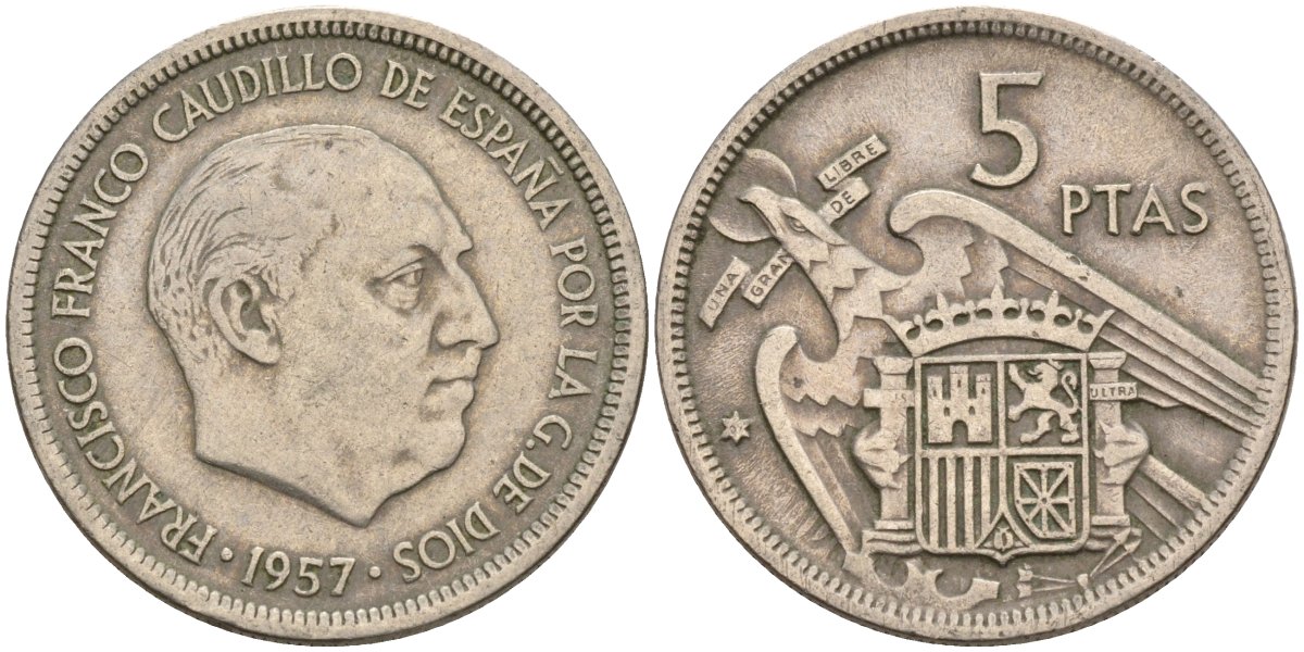 Испания 5 песет 1957 Франсиско Франко (1939 - 1975) KM 786 медно-никель 4155-515