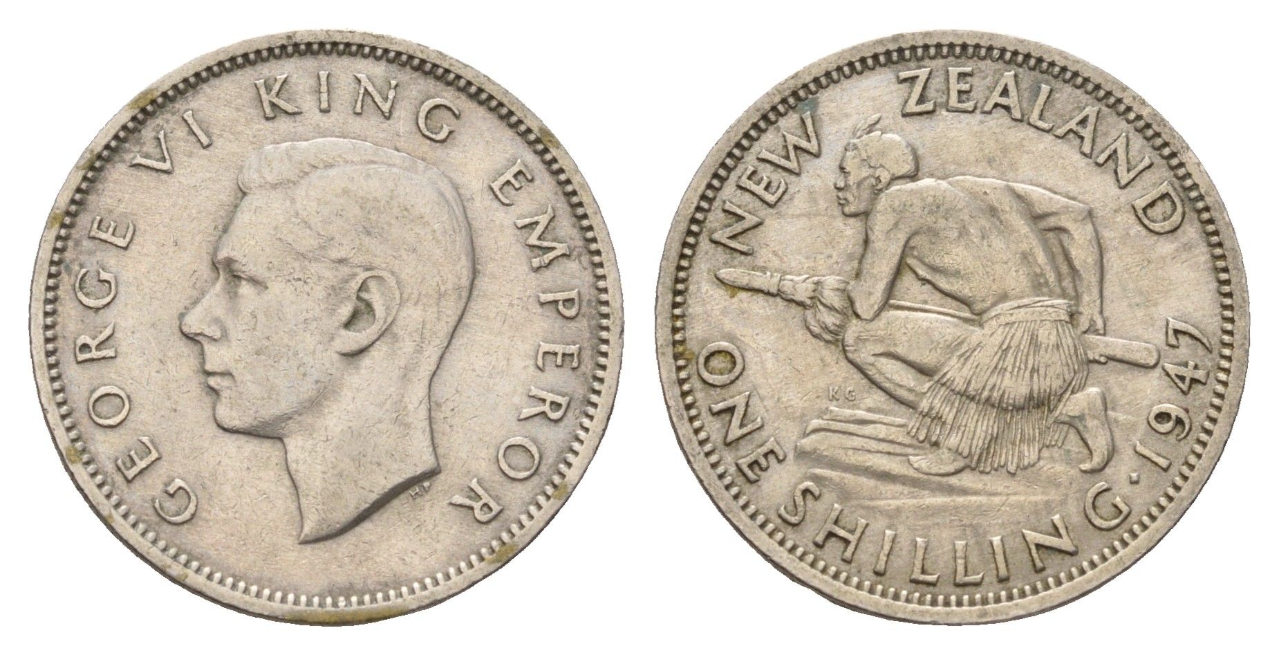 Новая Зеландия 1 шиллинг 1947 Георг VI (1936-1952), год-тип, абориген KM 9a медно-никель 4671-523
