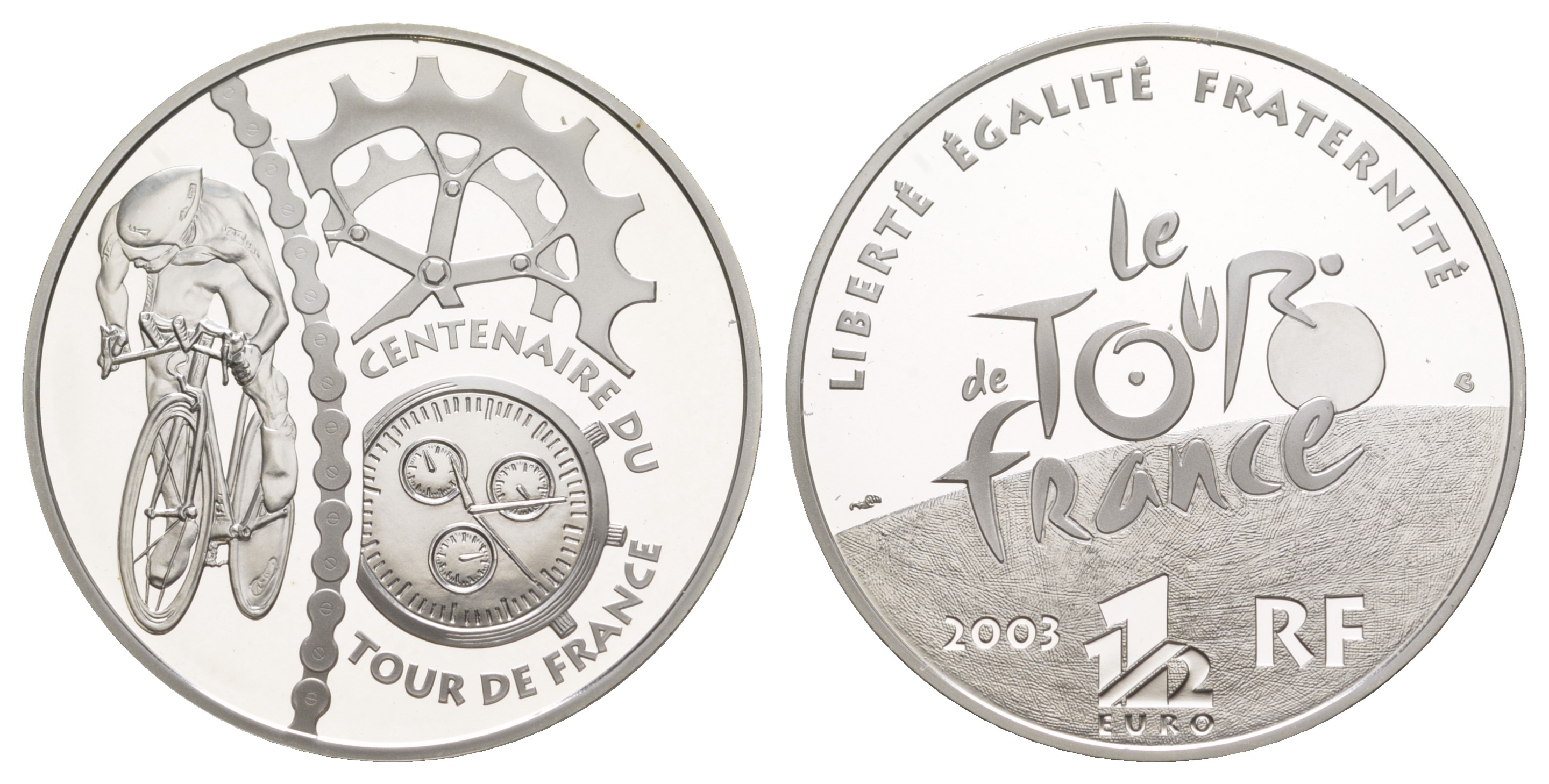 Франция 1 1/2 евро 2003 100 лет велогонкам Тур де Франс, велосипедист и детали велосипеда, в оригинальной коробке, сертификат KM 1325 серебро  PROOF  1-6-4-28