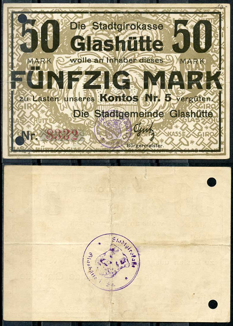 Германия, Гласхютте 50 марок ND нотгельд, Stadtgirokasse   бумага 444-95-1-2