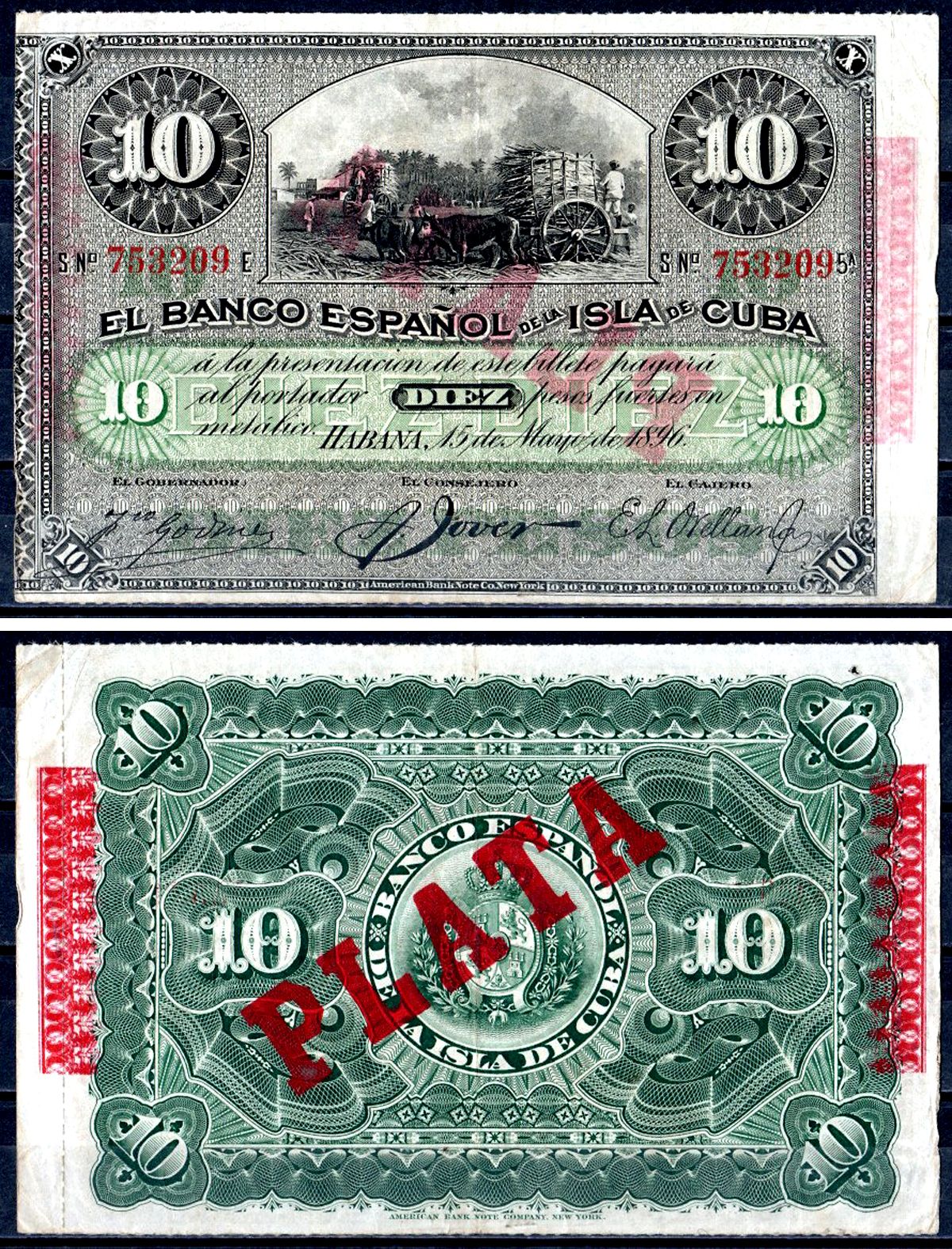 Куба 10 песо 1896 Испанская Администрация, надпечатка PLATA Pick 49 d бумага 402-66-2-1