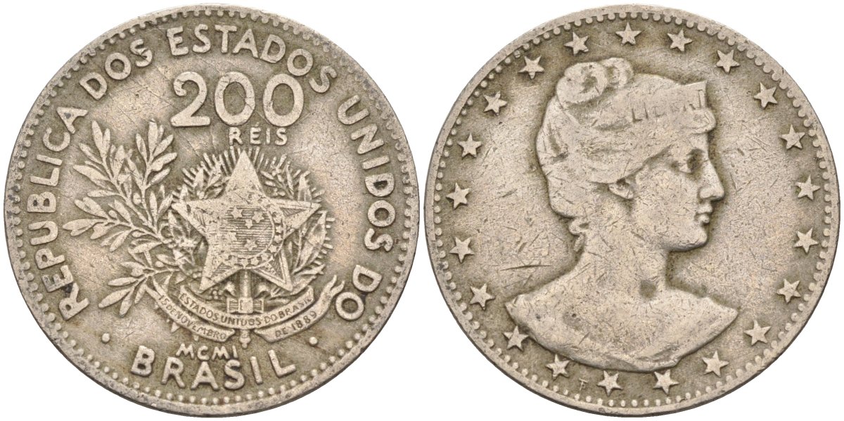Бразилия 200 рейс 1901 голова свободы вправо KM 504 медно-никель 4589-1126