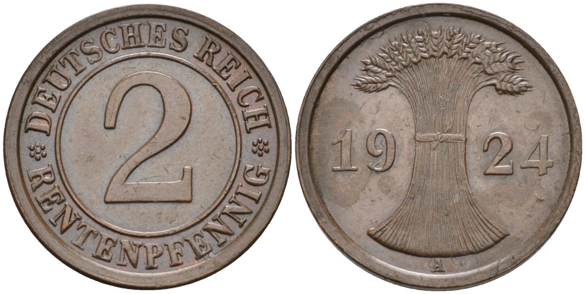 Германия 2 рентенпфеннига 1924 A KM 31, J.307, Weege 3 медь 4584-615